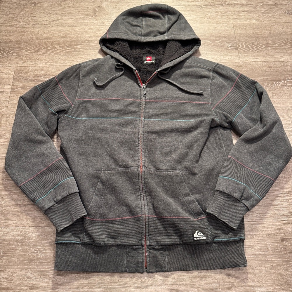 Quiksilver Hoodie Jacket Mens M Gray Striped Sherpa Fleece Lined Zip VTG Y2K